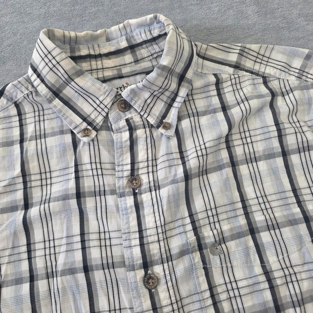 Carhartt Mens S206 WHT Plaid Short Sleeve Button Down Shirt White Grey Blue S